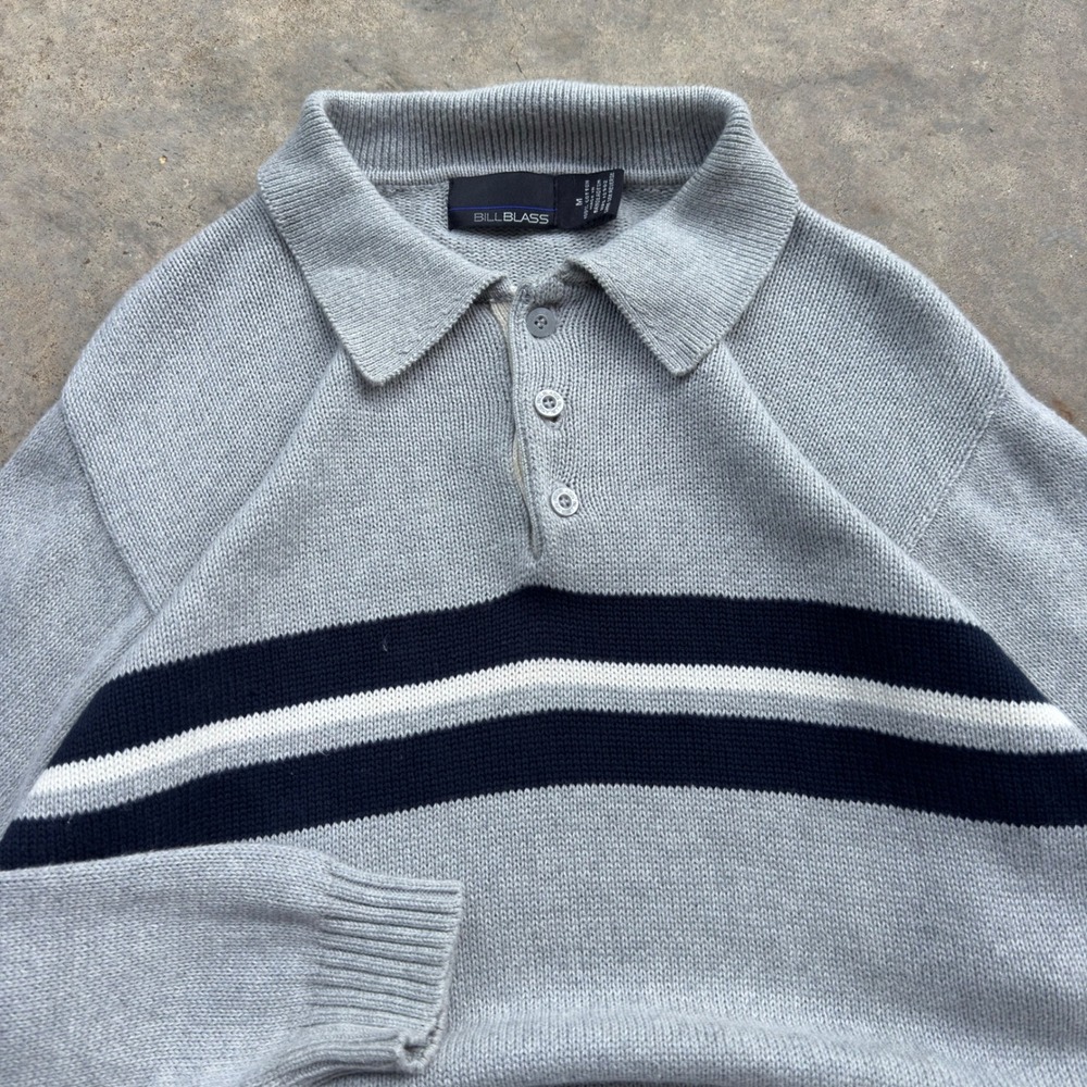 Vintage 90s Bill Blass Knitted Rugby Sweater Striped Polo Grey Size M (i4)